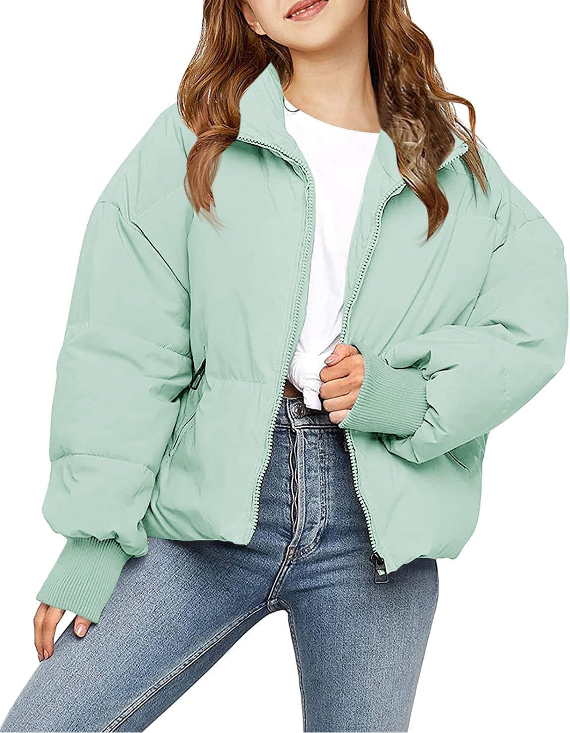 rrhss Girls Winter Long Sleeve Zip Puffer Jacket Kids Baggy Short Down Coats