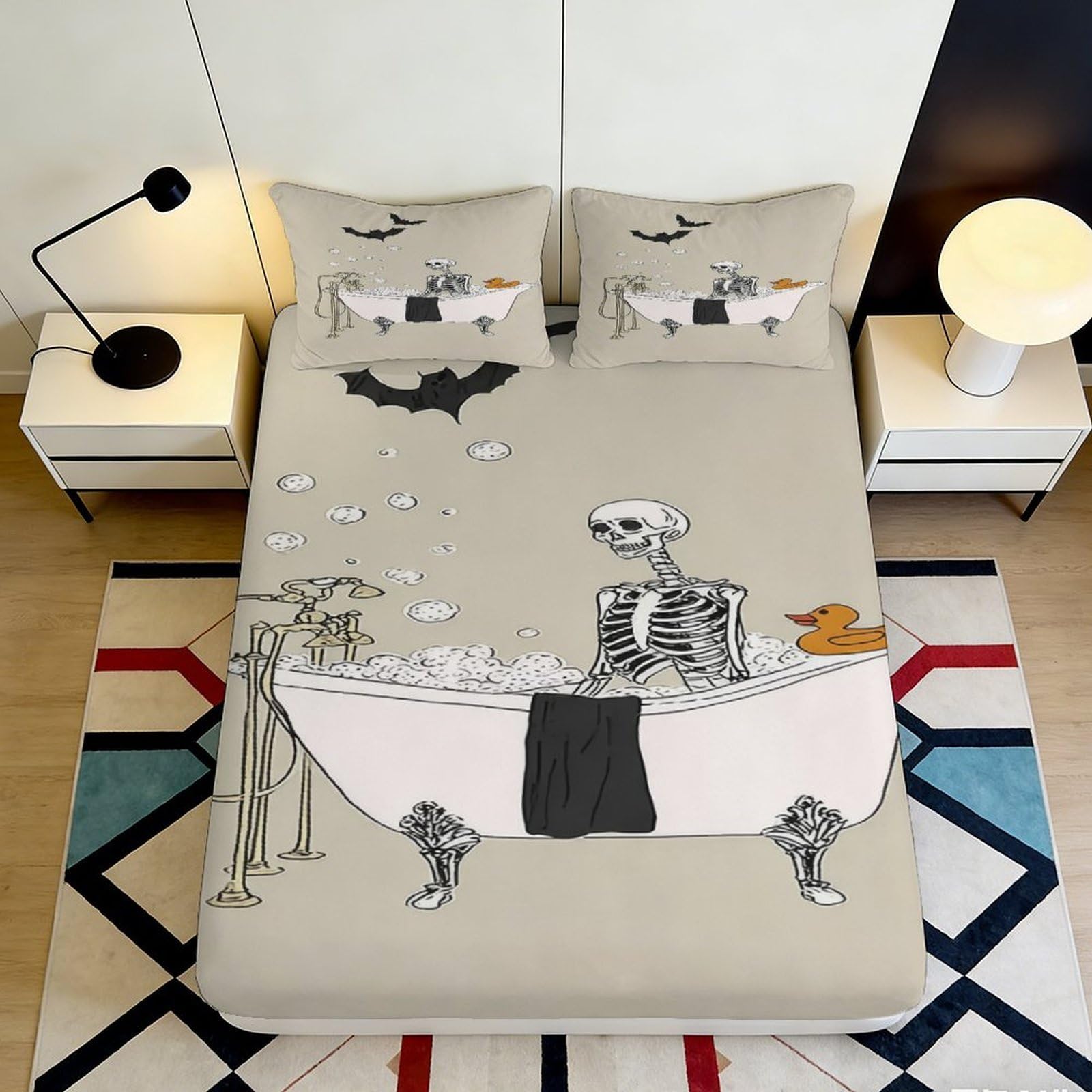 3D Printed Skeleton Bathtub Fitted Sheet Microfiber Deep Pocket Bedroom Non-Slip Skeleton Mattress Fitted Cover Washable 140x200x25cm