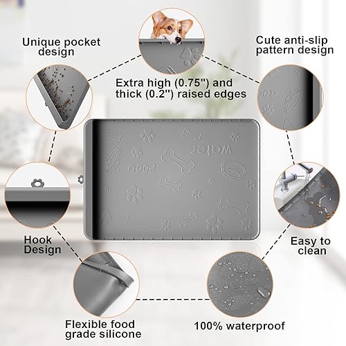 Miniatura 4 de Tapete de silicona para comida y agua para perros de 28 x 20 pulgadas con bolsillo para recolección de residuos, tapete impermeable para cuenco de