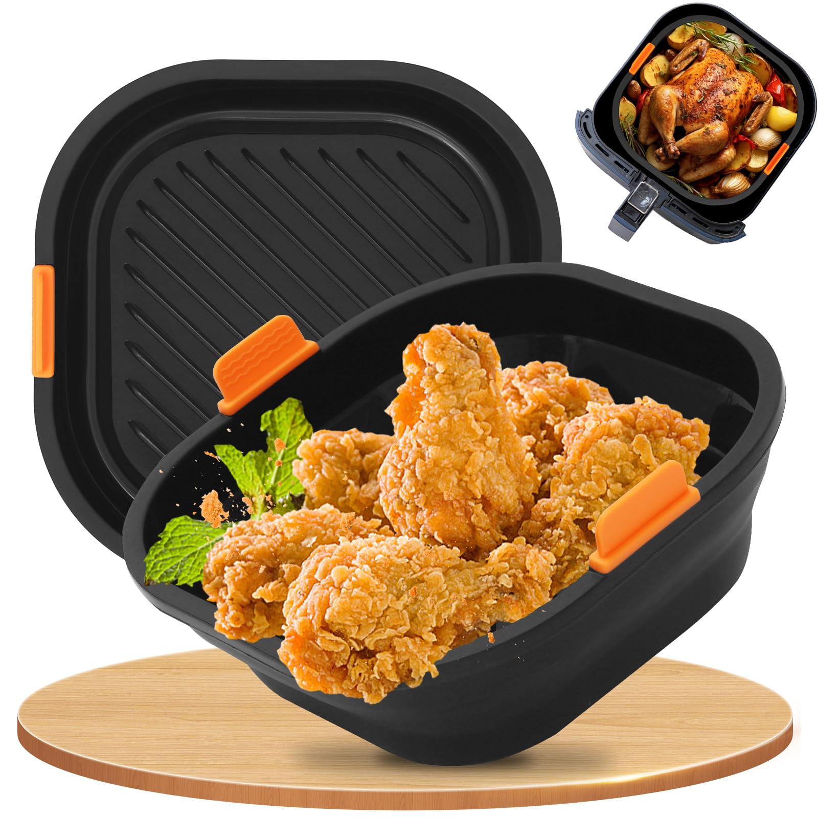 21cm Teglia per Friggitrice ad Aria [Set da 2] - Struttura in Acciaio Inox Indeformabile, Pieghevole e Lavabile in Lavastoviglie - Con Ninja/Philips/COSORI/Tefal/Russell Hobbs/Cecotec/Princess