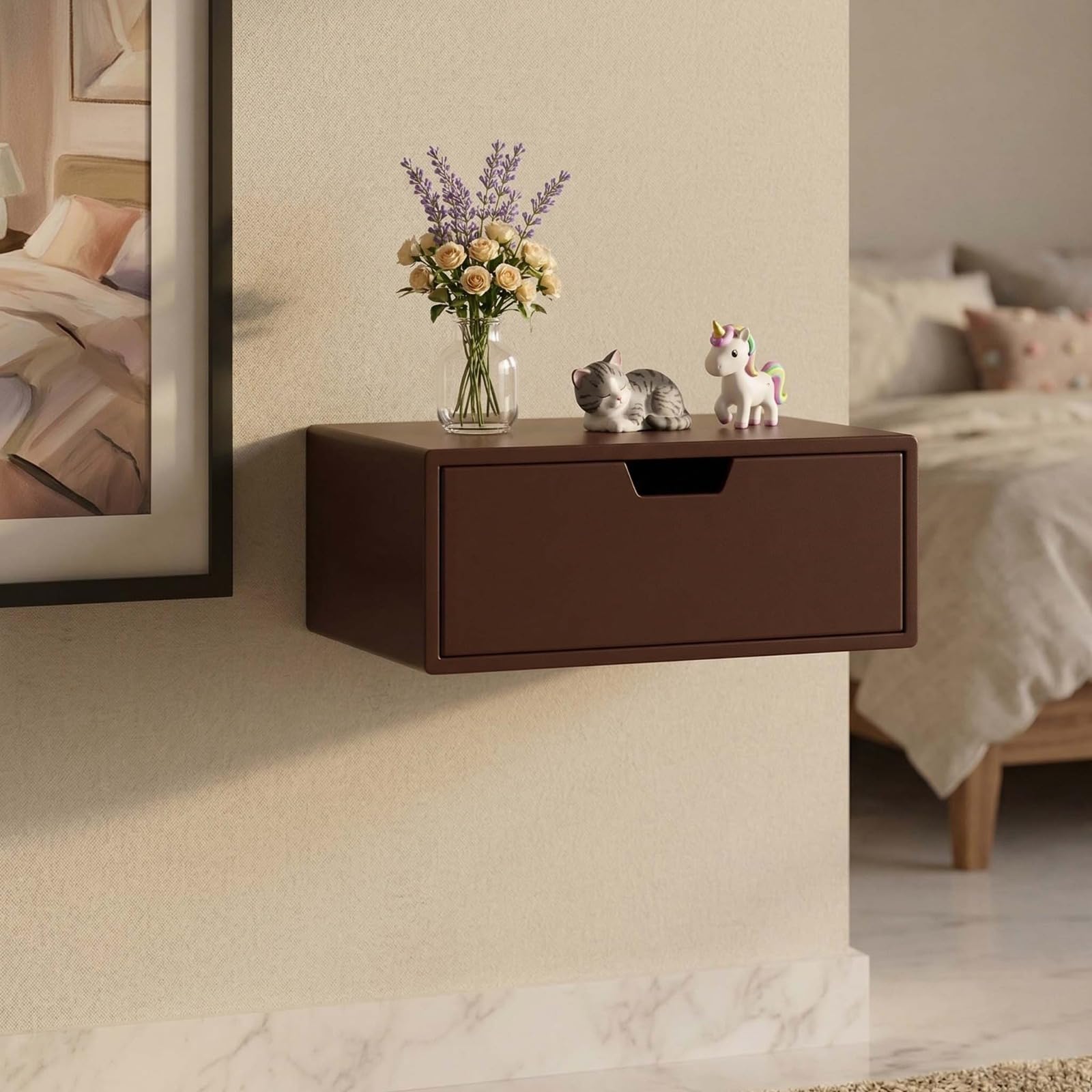 Wooden Wall Mounted Floating Shelf with Single Sliding Drawer, MDF, Glossy Finish, for Living Room, Bedroom & Office (Brown)-image-39