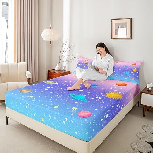 Miniatura 7 de Outer Space - Juego de sábanas de tamaño individual para niñas y niños, arcoíris, galaxia, estrellas, planeta, juego de sábanas kawaii pastel, rosa,