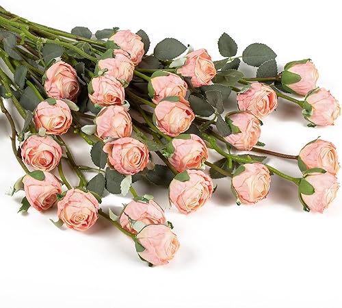 DuHouse 24 rosas artificiales vintage de seda con tallo, ramos de rosas falsas para arreglos de boda, centro de mesa, fiesta, decoración del hogar