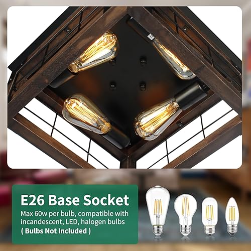 Miniatura 4 de JHLBYL Lámpara de techo de madera de granja, metal negro rústico cerca del techo con 4 enchufes E26 Blub, luces de porche al aire libre para cocina,