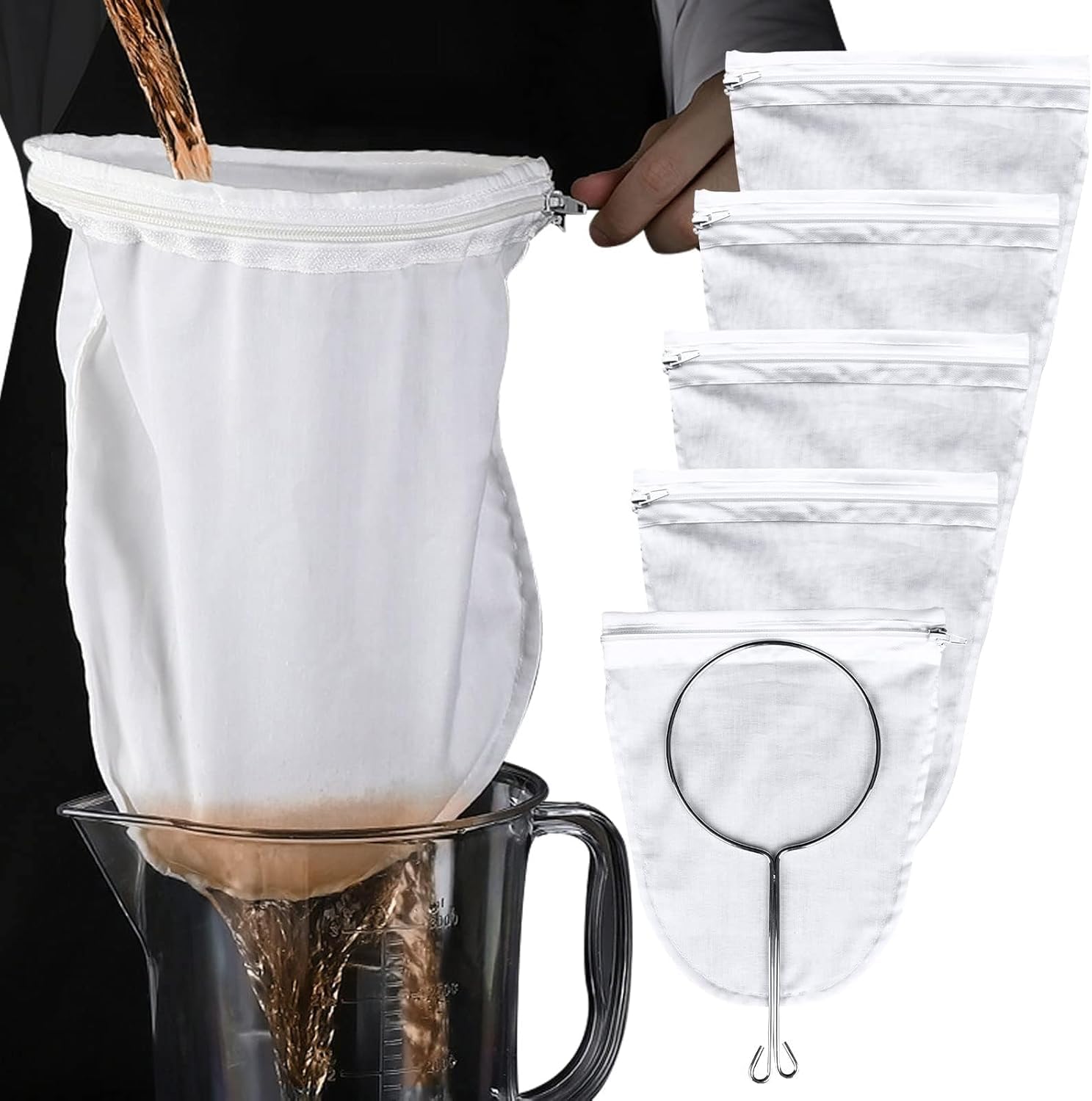 SWIUKPHE Ultra Fine Mesh Strainer Bags, Commercial Grade Reusable Food Strainer with Reinforced Frame and Stainless Steel Handle for, Coffee, Milk, Butter, Juices, and Fresh Cheese(5 Packs)