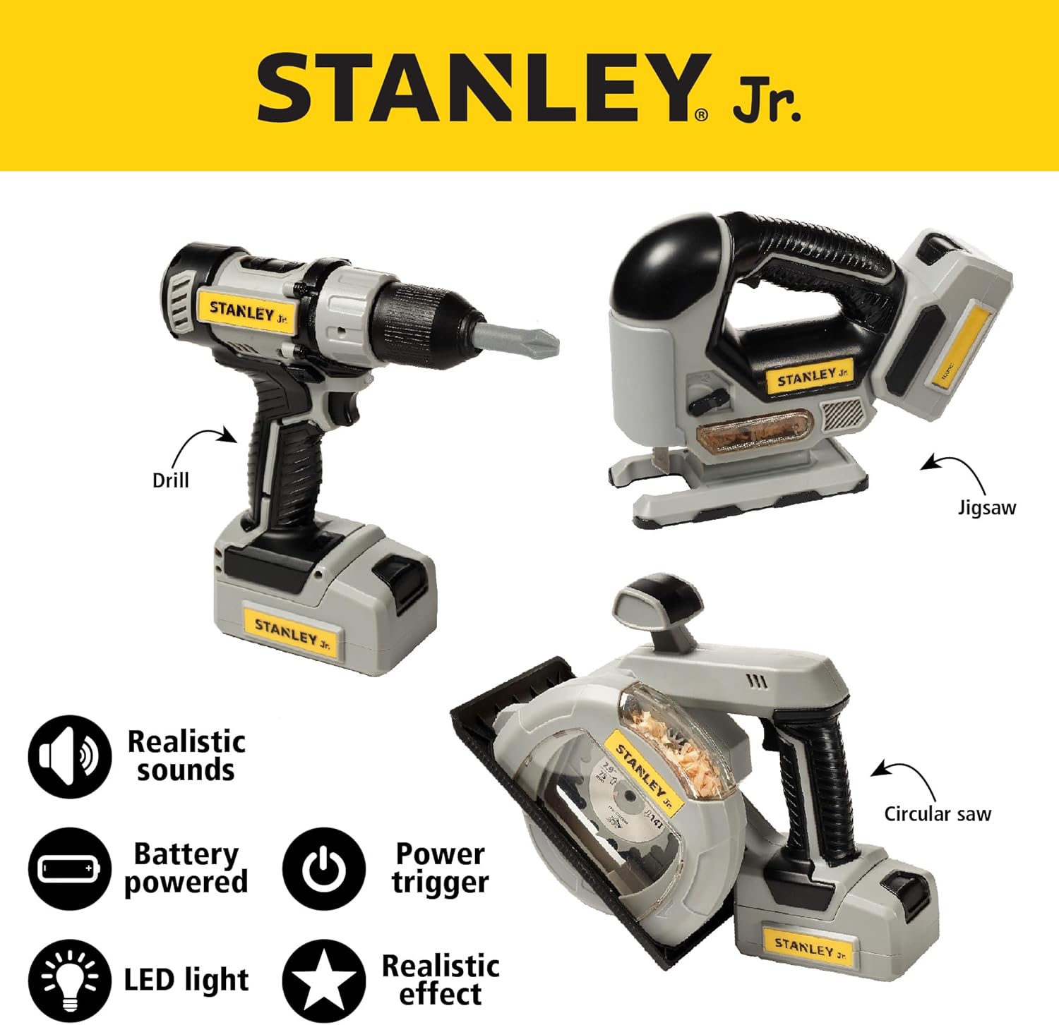 Stanley Jr. 3 Pack Kids Toy Power Tool Set with Drill, Circular Saw and Jigsaw Fun Pretend Play Tools for Young Builders Ages 3+ Batteries Included