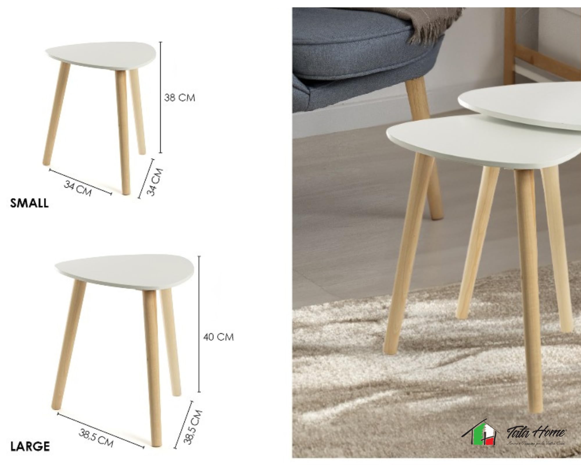 Tata Home Set Tavolini da Salotto Sovrapponibili a Triangolo Tavolini da Caffè con Gambe in Legno di Pino Stile Scandinavo Colore Bianco e Naturale Mod. Livermore