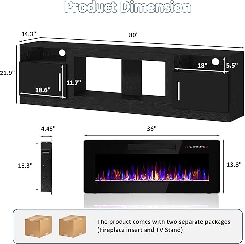 Miniatura 51 de PUKAMI Soporte de TV con chimenea de 18 pulgadas para sala de estar, centro de entretenimiento de 58 pulgadas con luces para patas, armario moderno