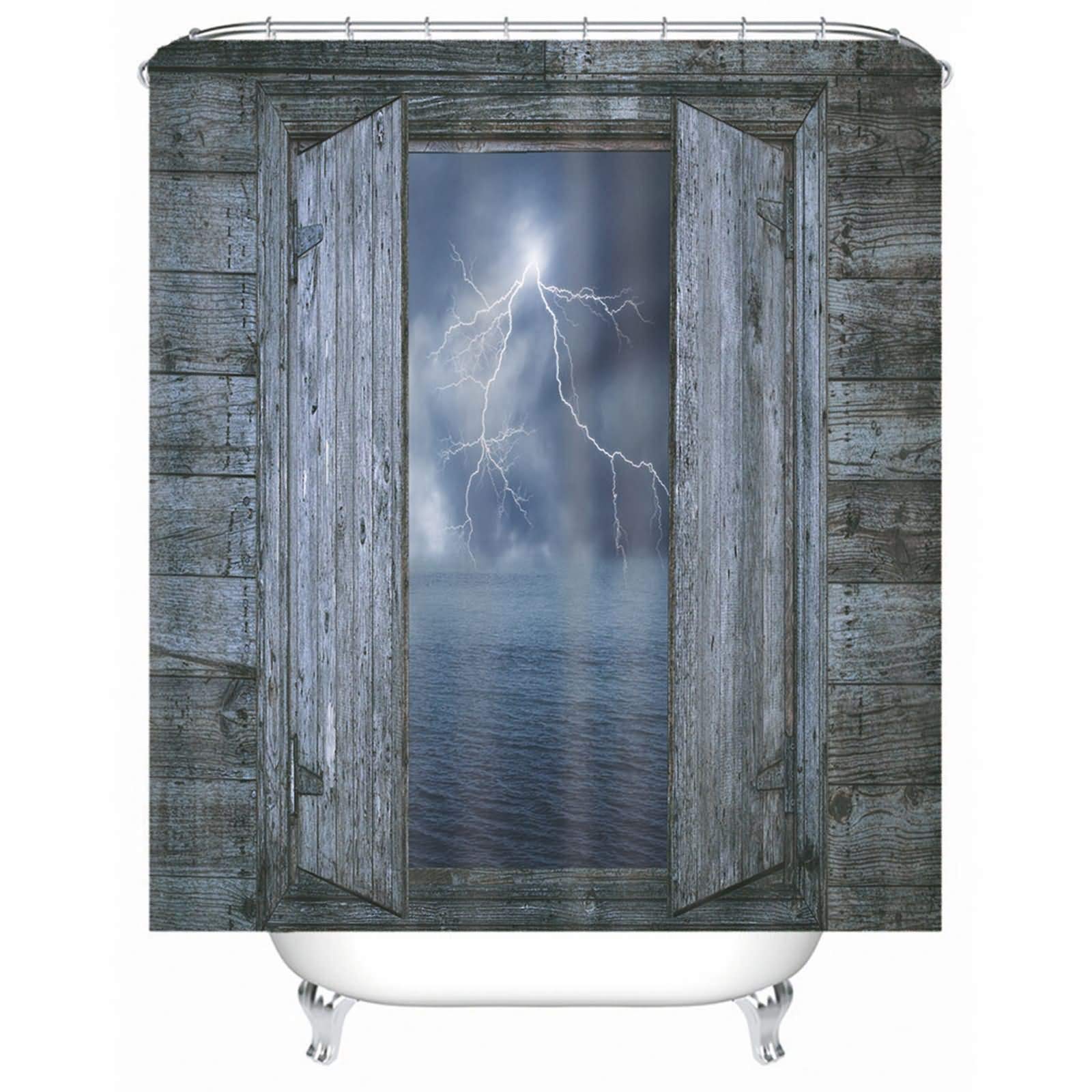 AMDXD - Tenda da doccia in poliestere, tenda da bagno in legno, porta fulmine, con 12 anelli per tende (scura, nero, 180 x 180 cm)