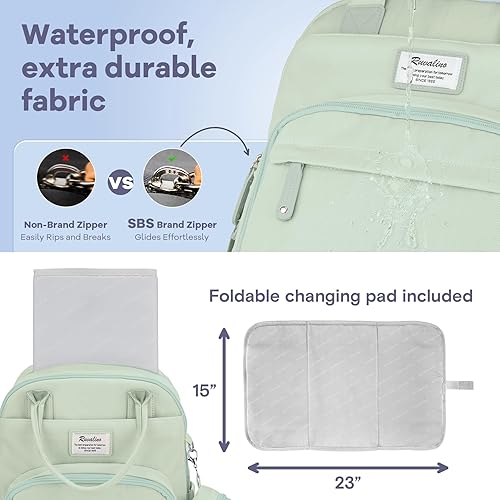 Miniatura 6 de RUVALINO Mochila para pañales, paquete de viaje multifunción para maternidad y bebé, gran capacidad, impermeable, verde menta