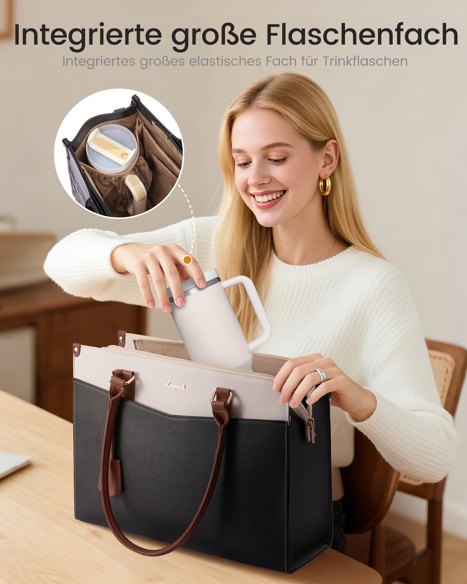 LOVEVOOK Borsa per computer portatile da donna 2 in 1, elegante borsa da lavoro, in pelle PU, borsa shopper, borsa per scuola, università