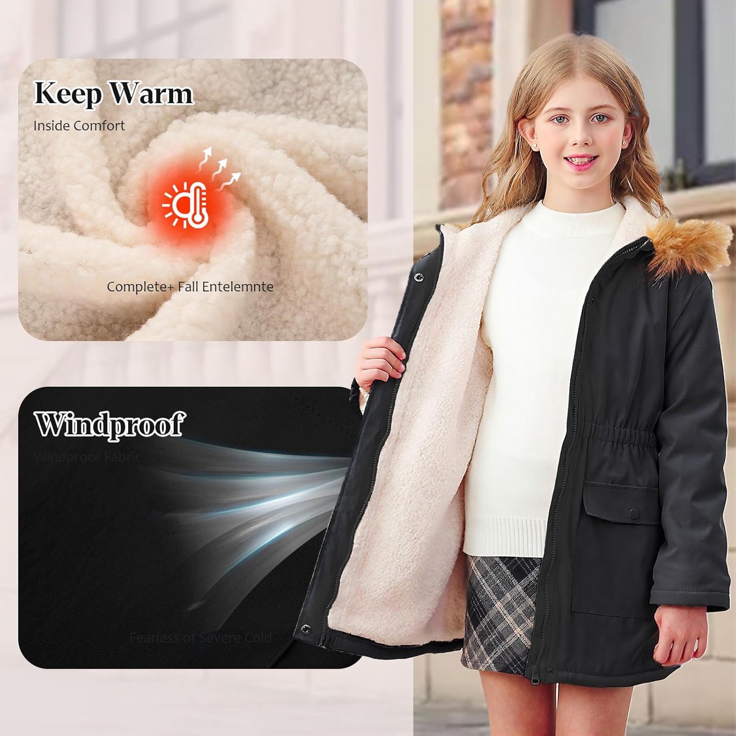 Fanient Girl Black Jacket Padded Lightweight Fleecy Warm Fleece Outwear Fur Collar Long Sleeve Outfit with Big Pockets Size 9-10
