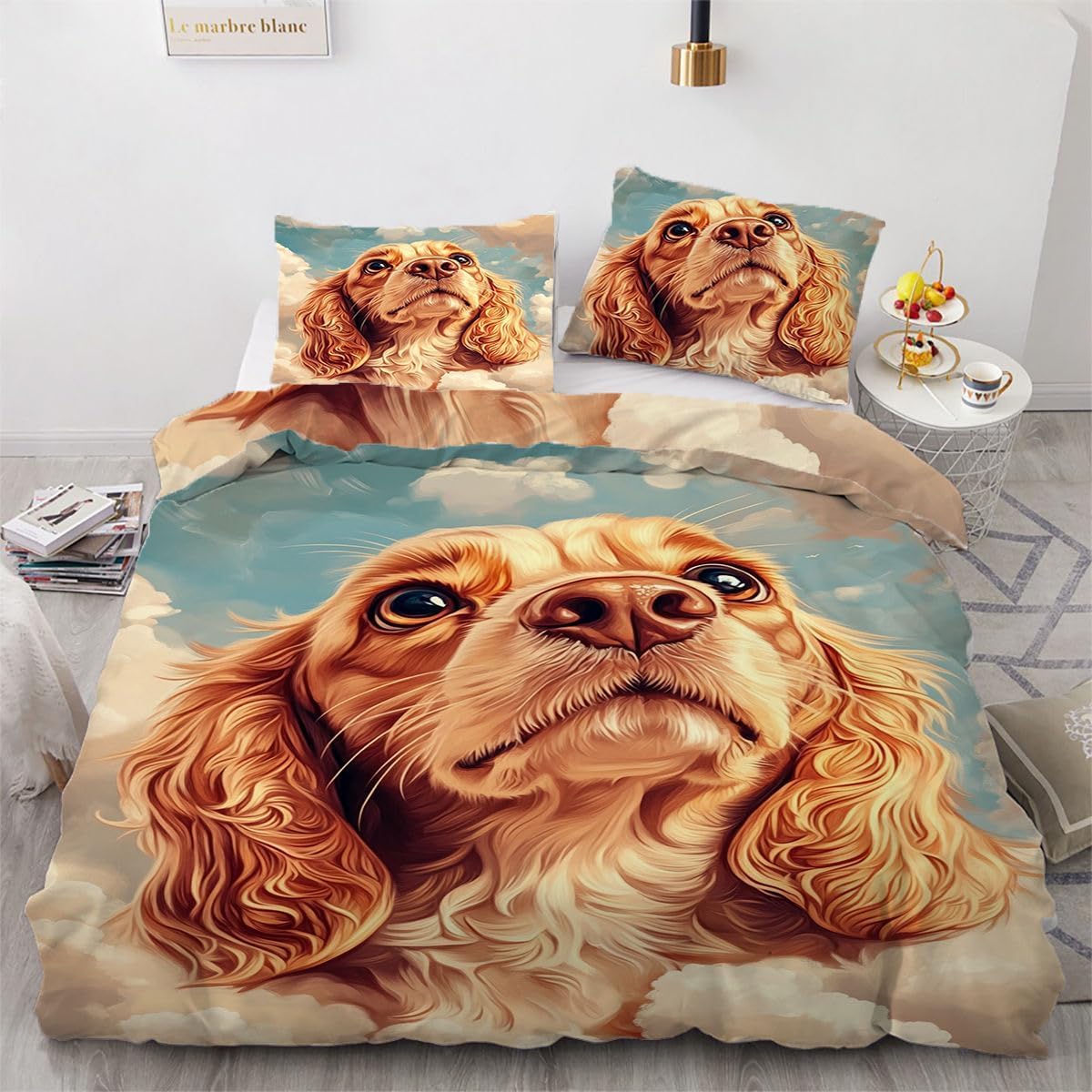 Zestaw pościeli w rozmiarze Super King Cocker Spaniel, poszewka na kołdrę z zapięciem na zamek błyskawiczny, dla dzieci, miękka, oddychająca poszewka z mikrofibry 260 x 220 cm + 2 poszewki na