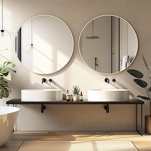 Miniatura 3 de HOMECOOKIN Espejo de pared redondo de 32 pulgadas, espejo circular dorado para baño con marco de metal, espejo dorado redondo para decoración