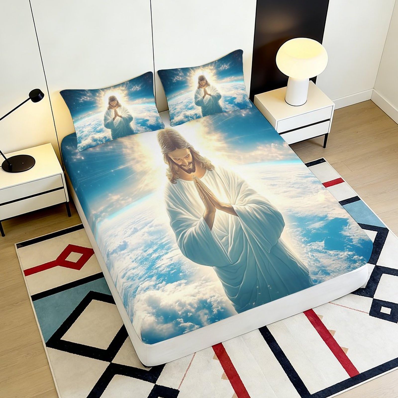 Lenzuolo con stampa 3D, motivo Gesù, in microfibra, antiscivolo, per ospiti | morbido, coprimaterasso, facile da pulire, traspirante, lavabile, 180 x 200 x 25 cm