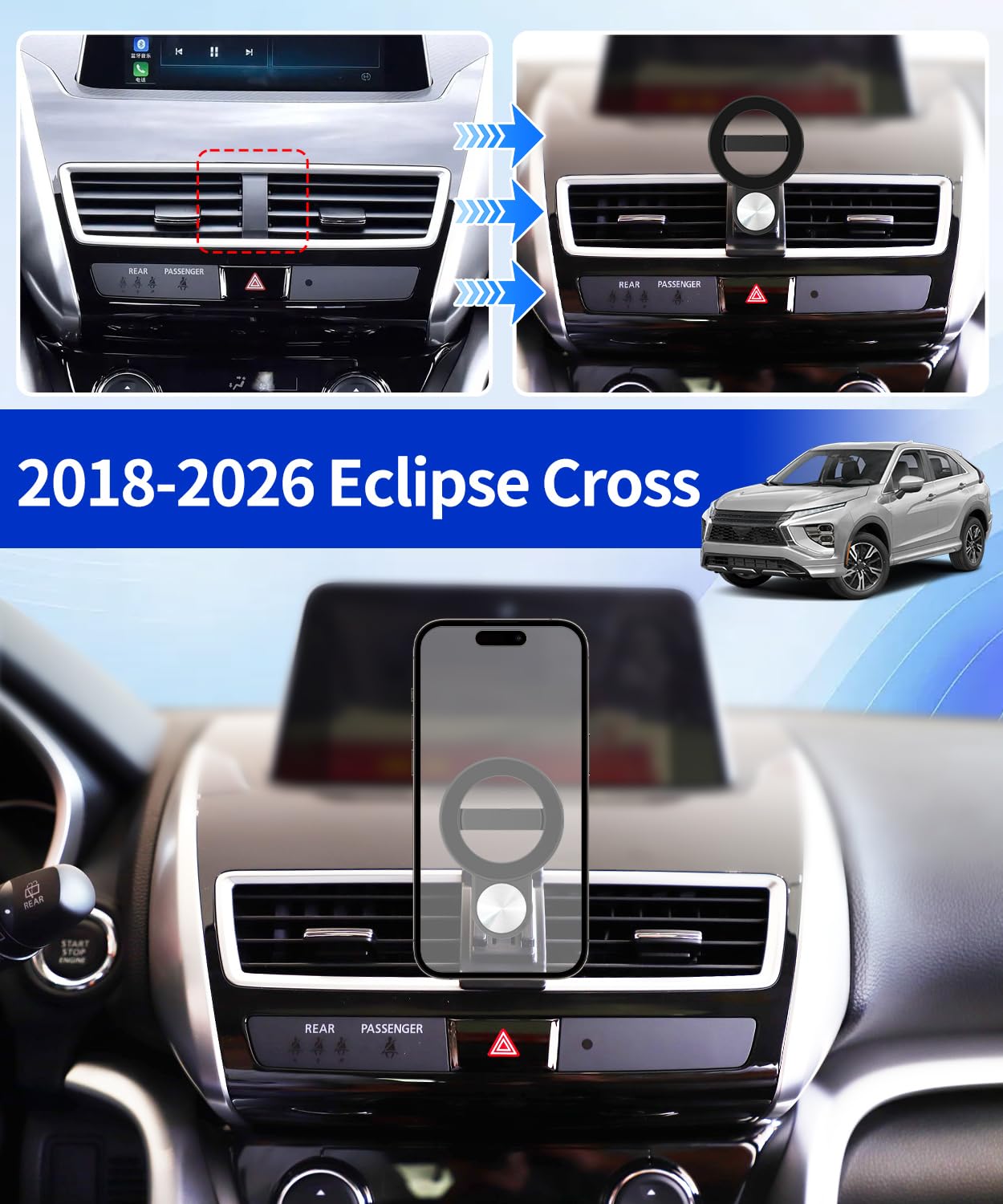 Supporto per telefono da auto per Mitsubishi Eclipse Cross 2018-2026, compatibile con MagSafe, rotazione a 360°, mani libere, non influisce sulla bocchetta dell'aria