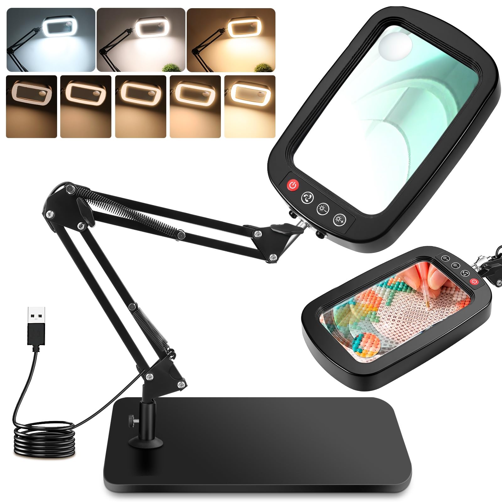 NZQXJXZ 10X 30X Lupa con Luz con Soporte, Lupa de Lectura Grande | Lente Acrímica HD de 15 cm, 3 Modos de Luz, 10 Niveles de Brillo, Brazo Flexible y Base Estable para Lectura y Manualidades