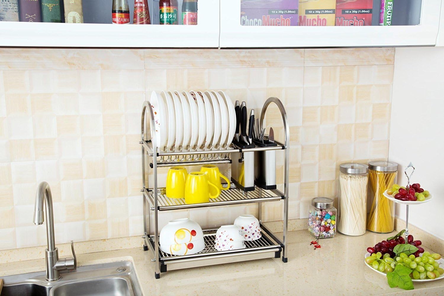 Dish Rack, Drainer, Drying Rack, Holder, 3-Tier, Kitchen Plate Cup Draining Storage with Tray, Stainless Steel