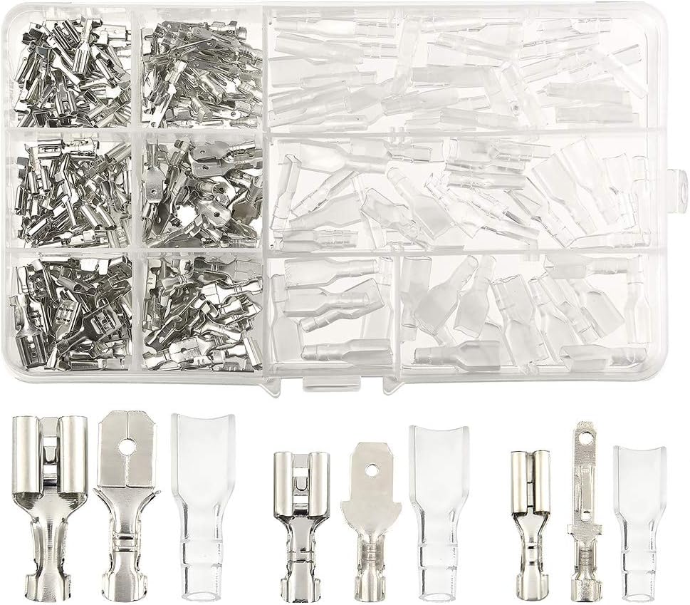 TUPARKA 270 PCS Electrical Wire Connector Male Female Spade Connectors Wire Crimp Terminal Block with Insulating Sleeve Kit 2.8mm 4.8mm 6.3mm