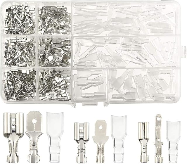 TUPARKA 270 PCS Electrical Wire Connector Male Female Spade Connectors Wire Crimp Terminal Block with Insulating Sleeve Kit 2.8mm 4.8mm 6.3mm