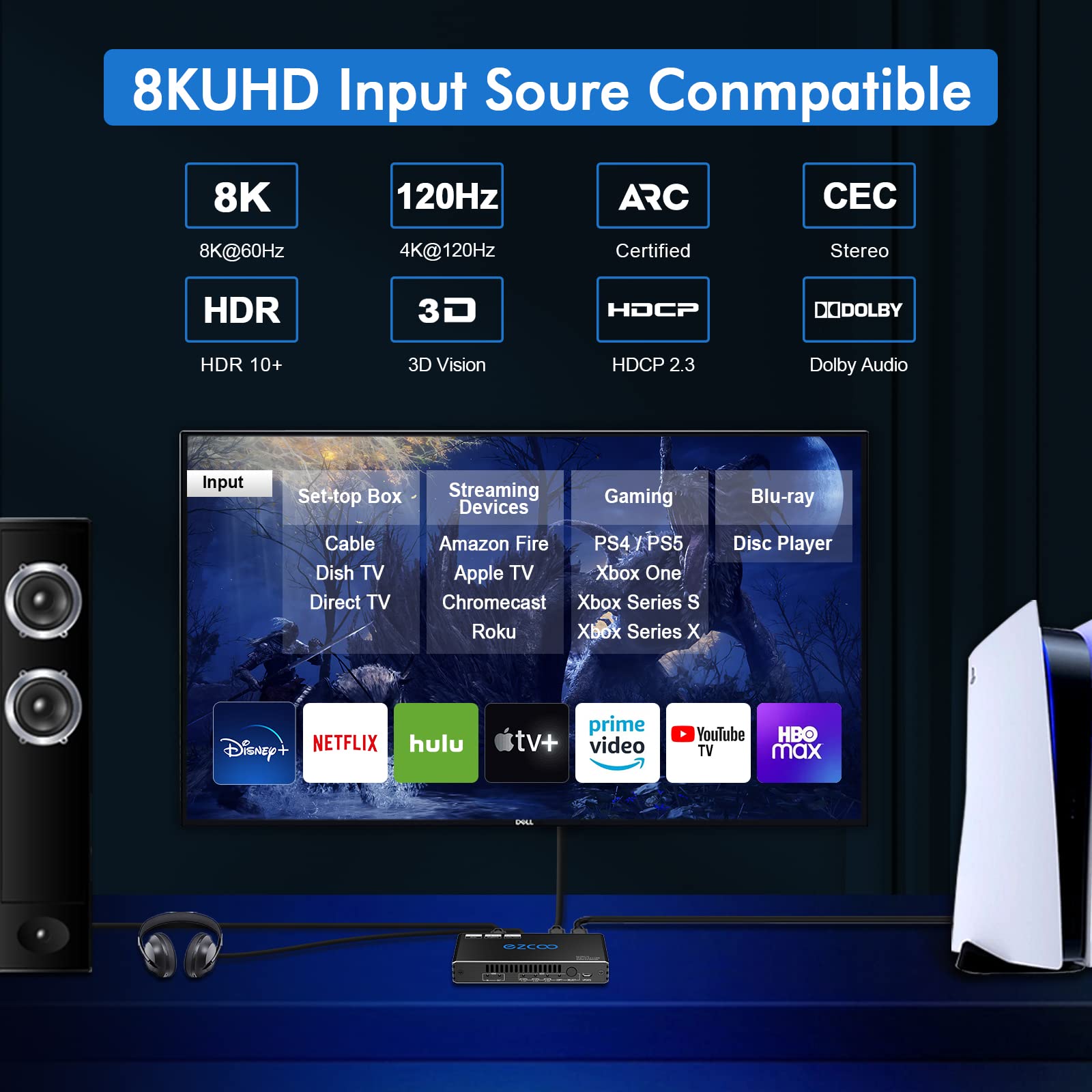 HDR10 4K 120Hz HDMI 2.1 8K 60Hz VRR HDCP2.3 Audio Extractor & Converter - SPDIF, Optical 7.1/5.1CH & Stereo Audio Breakout, Dolby Digital - PS5 & Xbox Compatible