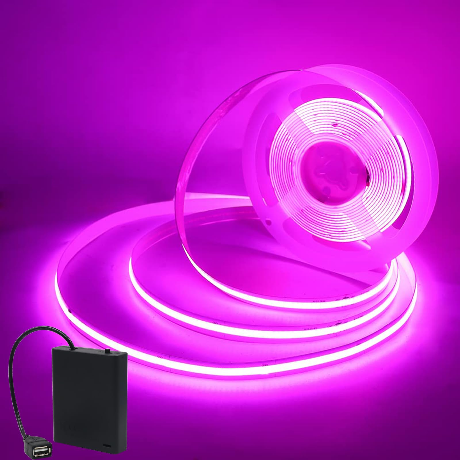 Wisada 5V COB LED Light Strip USB Powered [0.5m, Pink], 320 LEDs/m Flexible Indoor FCOB LED Fairy Light CRI90+, with USB 4AA Battery Box, Home Decoration - Batteries not Included