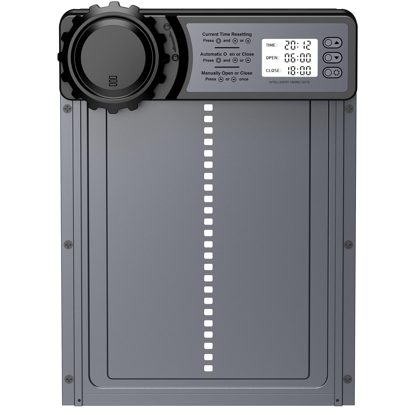 CHAMUTY Aluminum Automatische Hühnerklappe Batterie, Hühnerklappe Automatisch mit Wasserdicht Großes Display, Timer, Manuelle, Elektrische Hühnertür, Intelligenter Einklemmschutz