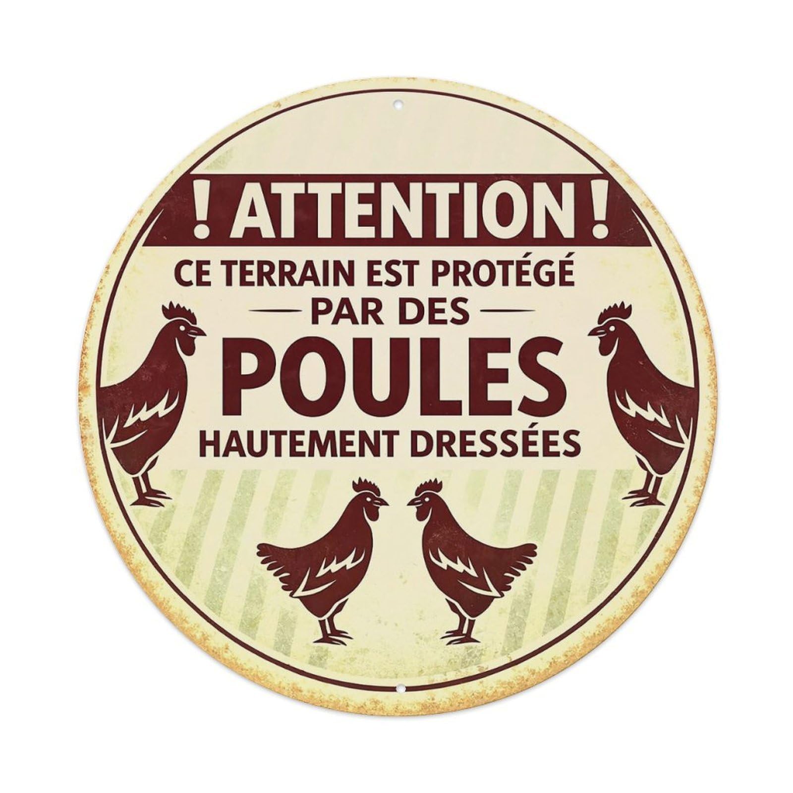 Attention Chickens Protected Trained Ground Metal Tin Sign Plaque