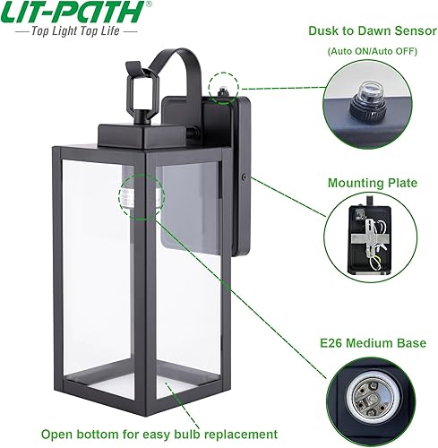 Miniatura 10 de LIT-PaTH Farol de pared para exteriores, aplique de pared como accesorio de iluminación de porche con una base E26 máximo de 60 W, carcasa de metal