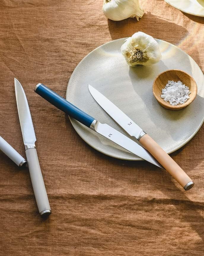 Miniatura 8 de Material, The 5pc Stainless Steel Steak Knives Set, 4 Knives + Holder, Razor Sharp, Matte Finish, Dishwasher Safe, Morel