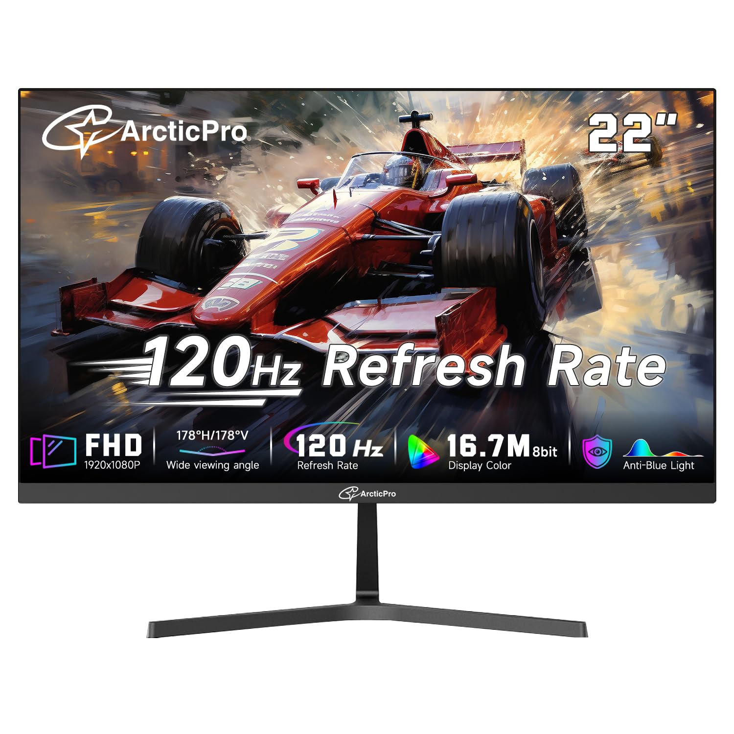 ArcticPro 22 inch 144Hz 100Hz Monitor, Full HD (1920 x 1080p) Computer Monitor, 105% sRGB, 3000:1 Contrast, 3-Sided Frameless, Ultra Slim, VESA, LowBlue Mode, Tilt Adjust, HDMI *1, VGA*1: 22 inch 22" 120Hz FHD