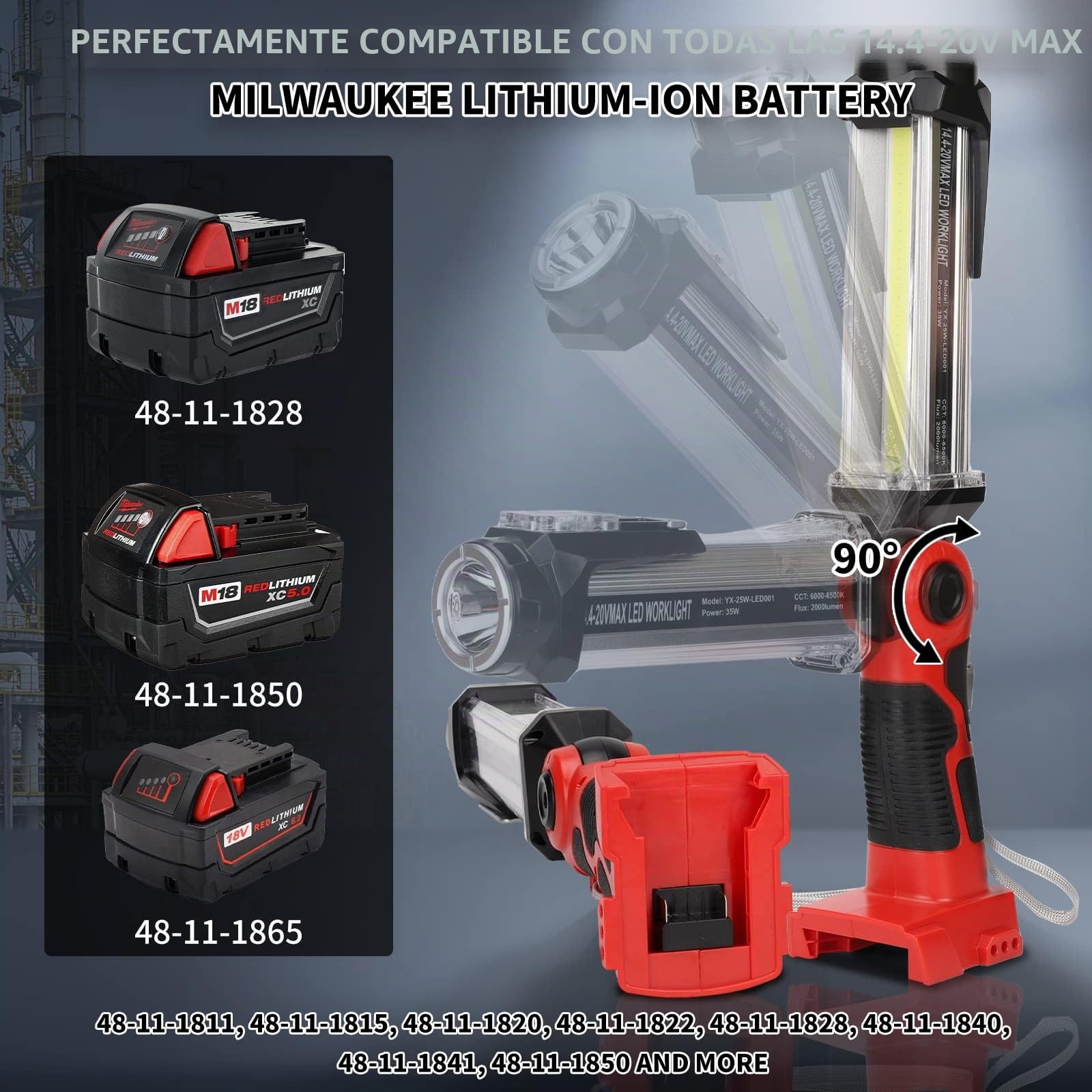 Taingwei Luz de trabajo LED de 2000 lm para batería de litio Milwaukee m18, linterna de 25 W para camping, reparación de automóviles, iluminación de emergencia e iluminación en el lugar de trabajo