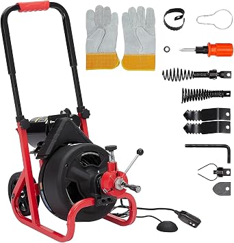 Drain Cleaner Machine - 100Ft x 3/8 Inch, Auto-feed Electric Drain Auger for Plumbing with 6 Cutters, Glove, Commercial sewer snake Drill Drain Auger Cleaner for 2- 450-100mm Pipes
