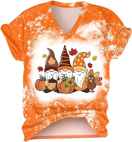 Camisas de Halloween para mujer, divertidas camisetas de manga corta con estampado gráfico de gnomo, cuello en V blanqueado, ropa de otoño