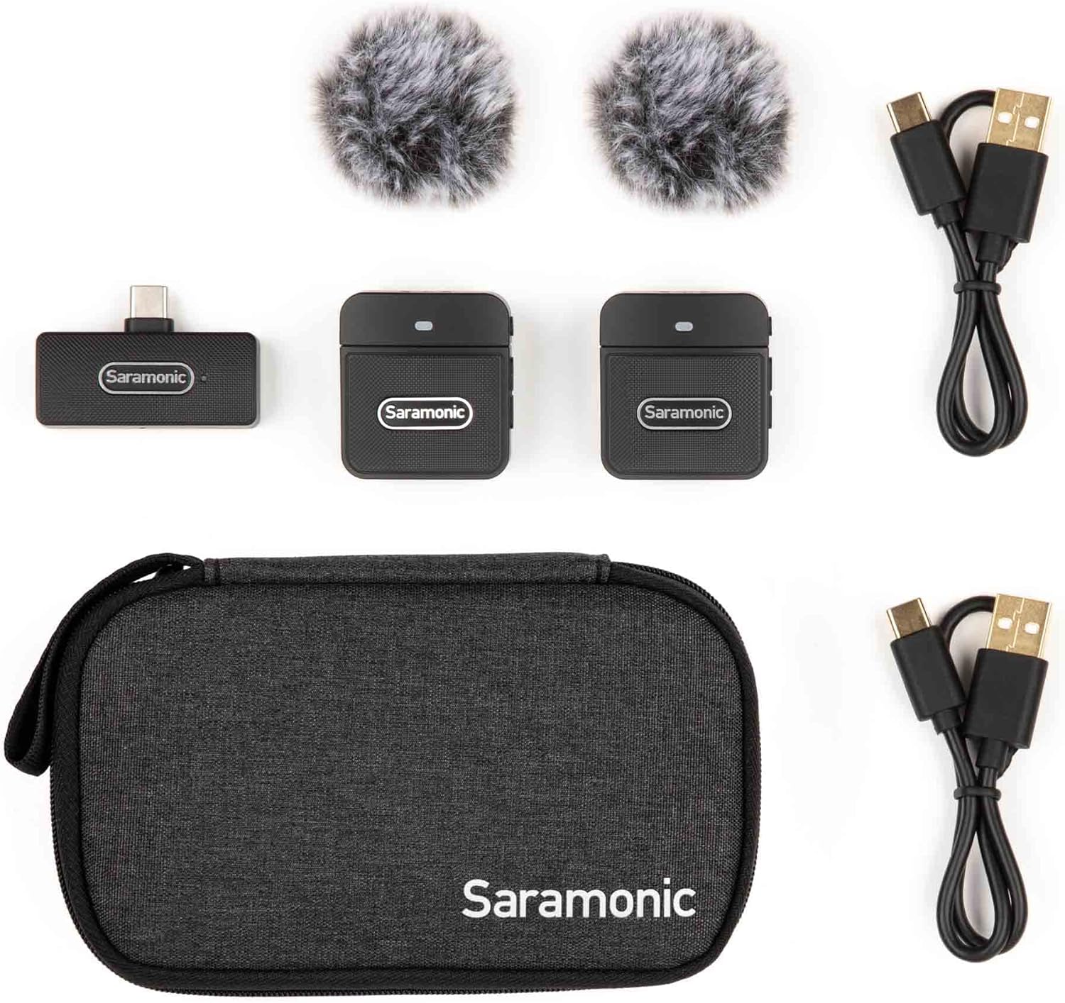 Saramonic Blink 100 B6 wireless microphone system package contents, including two transmitters, one receiver, two furry windscreens, two USB-C charging cables, and a carrying case.