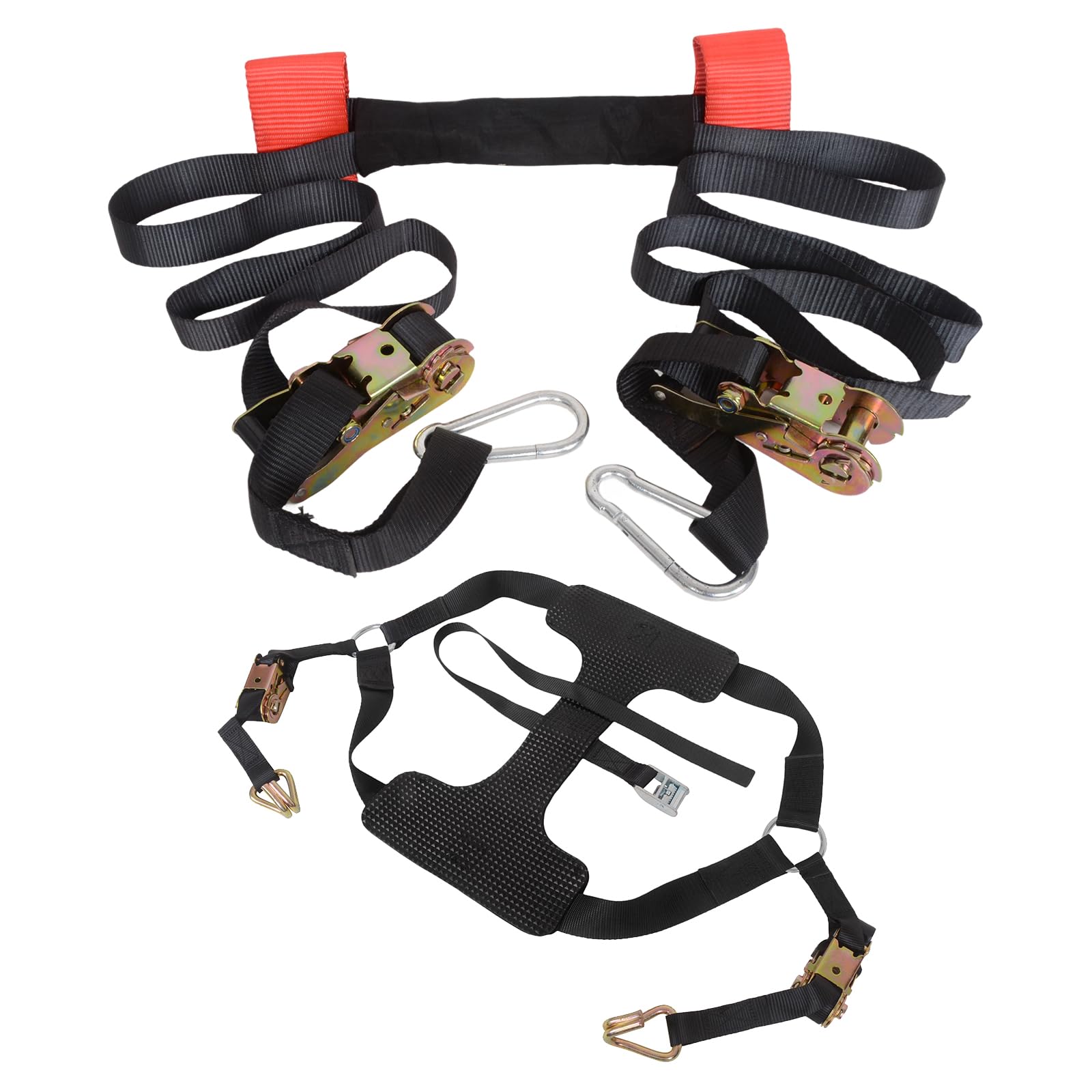 MOTO4U Set di cinghie di fissaggio per moto con cricchetto e ganci a J, 1 confezione da 1 cinghia di fissaggio per manubrio con cricchetti e ganci a scatto, nero e rosso
