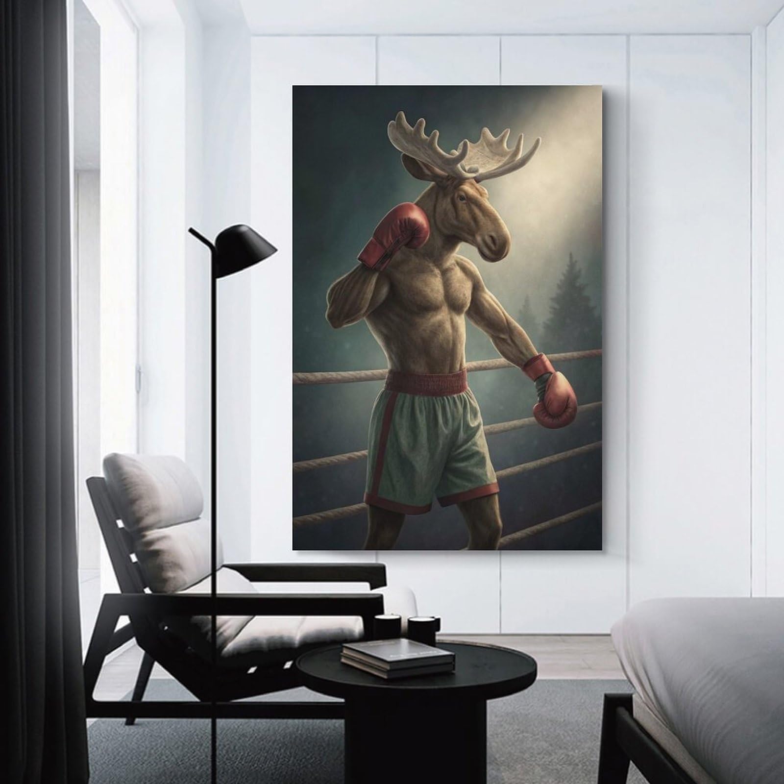 Junmoney Room Decor Wall Art Boxing Moose in A Ring, 24x36inch(60x90cm), for Hallway, Bedroom Or Modern Interiors, Gift Idea for Housewarming And Birthdays