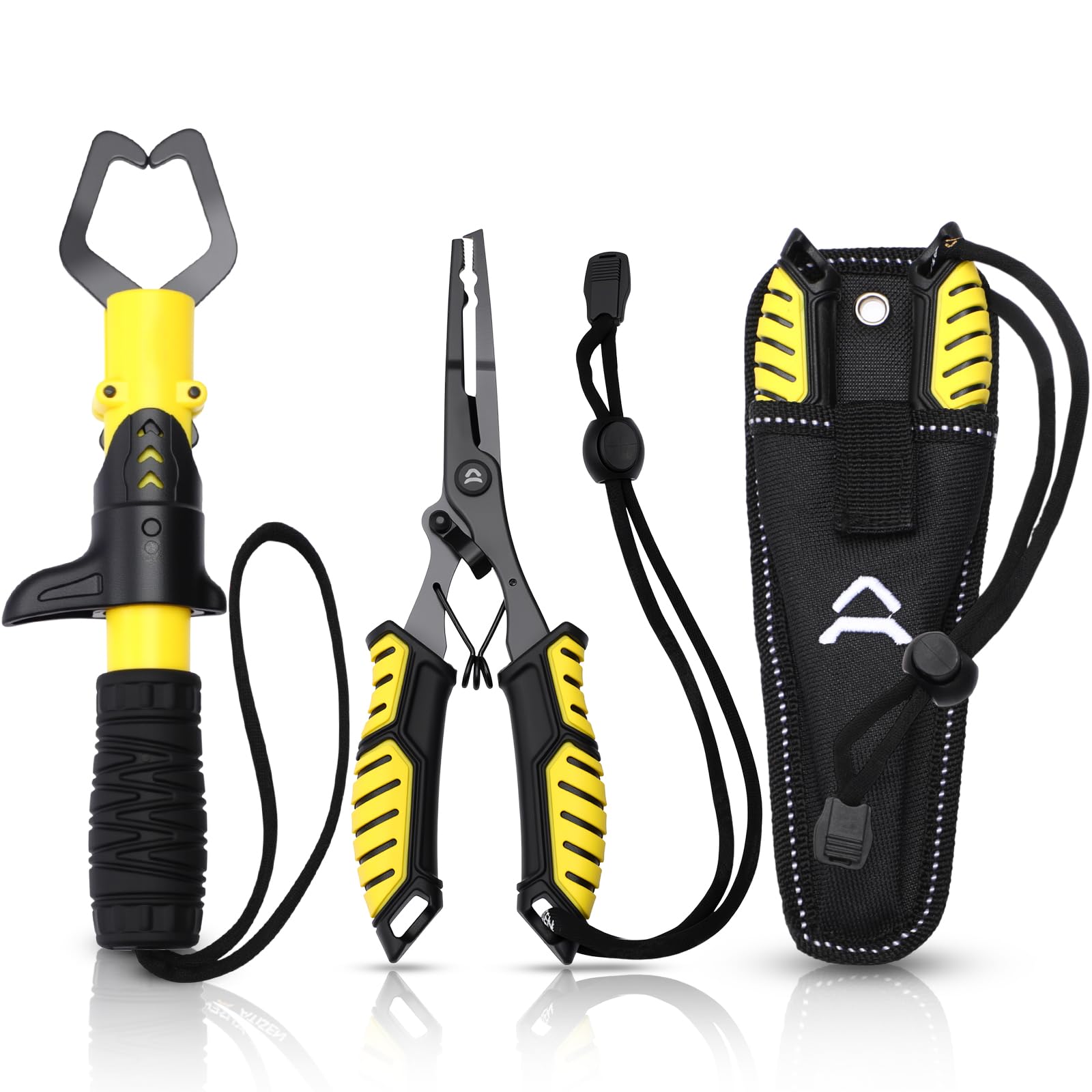 RoundFunny Fish Lip Gripper Pliers, Combo Fishing Tool Kit Stainless Steel Multifunction Hook Remover, Split Ring Pliers with Lanyards Sheath for Fly, Easter Fishing Basket Gift Gear Men Women