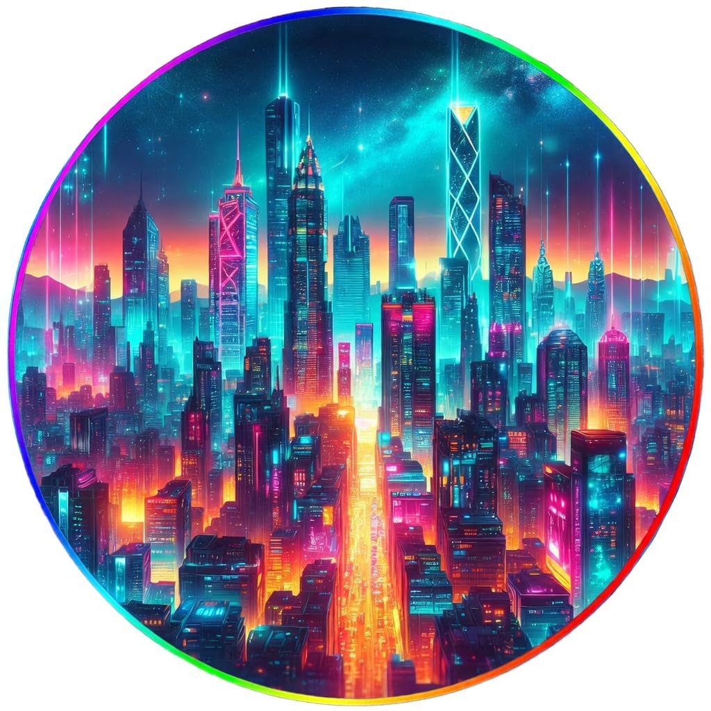 DEALZOOM Gaming Chair Mat for Hardwood Floor Circle RGB Gaming Lights (Future City 47”) - Noise Cancelling, Anti-Slip Gamer Floor Mat – Scratch