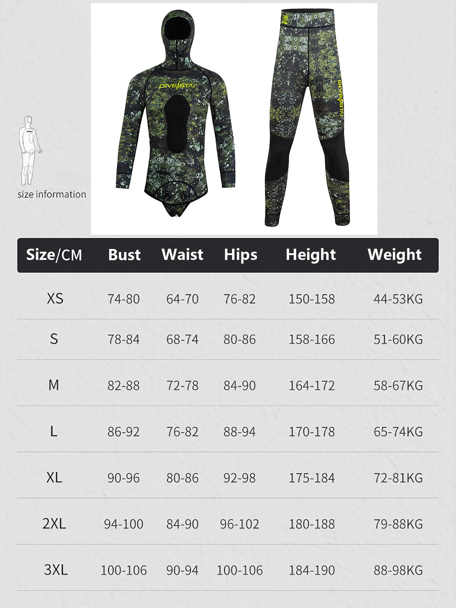 Muta da Pesca Sub 3 mm, 2 Pezzi con Cappuccio Mimetico e Pantaloni | Neoprene termico mimetico, cuciture Flatlock, pettorale rinforzato, vita alta, ginocchia antiabrasione