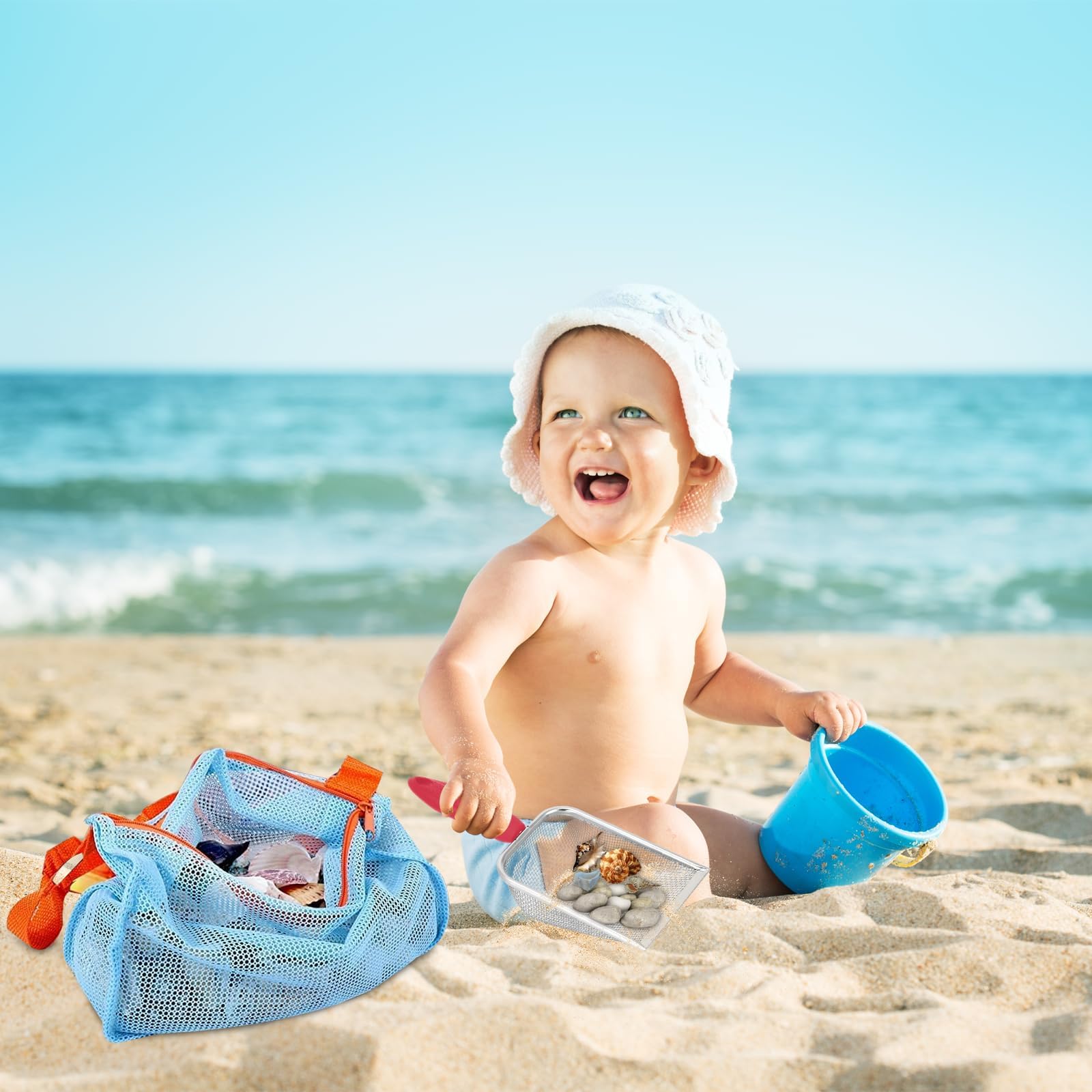 Zabawka plażowa dla dzieci, metalowa łopata plażowa dla dzieci, zbieranie muszli filtracyjnych, siatkowa torba plażowa dla dziewczynek i dziewczynek (niebieski pomarańczowy)
