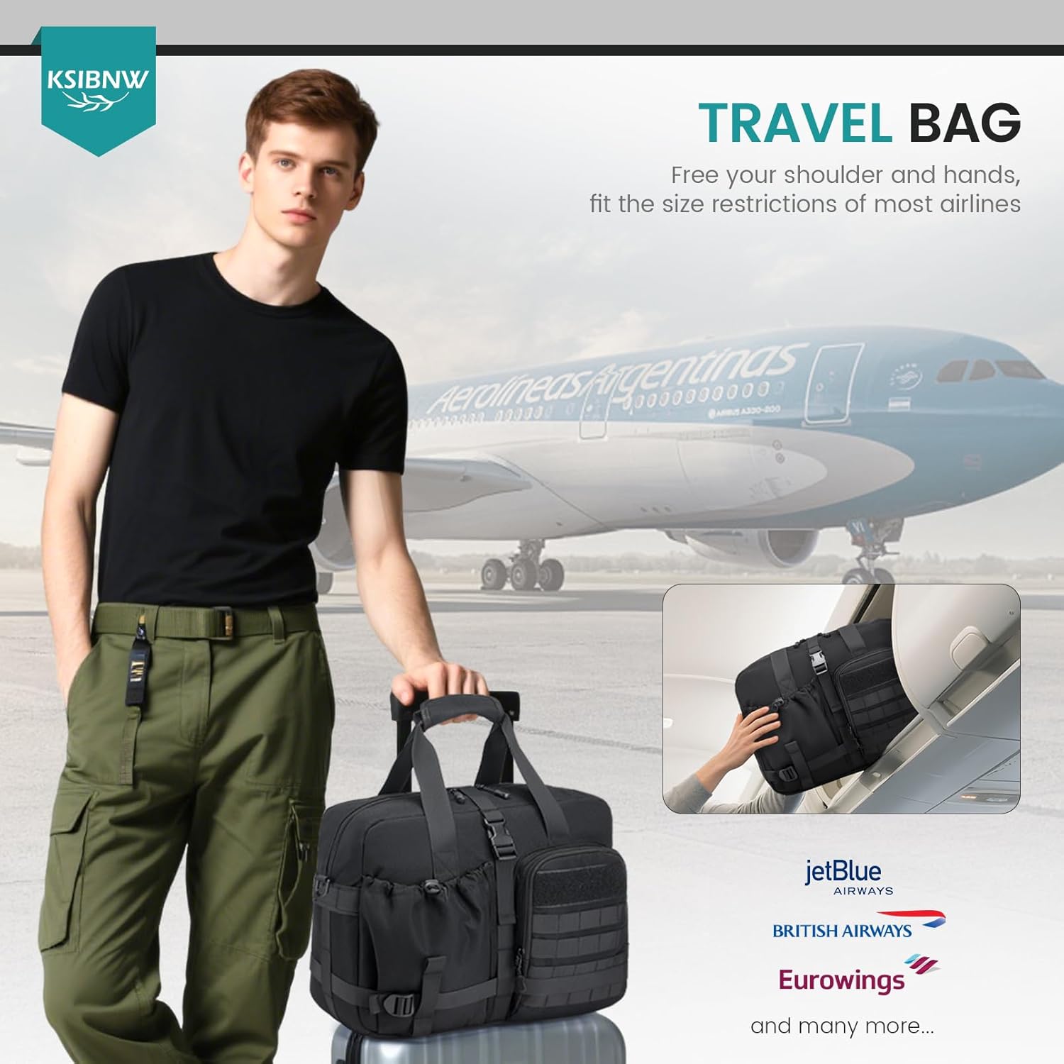 KSIBNW Personal Item Bag 40x30x15cm, Travel Duffle Bag 16x12x6 inch, Tote Carry on Luggage Under Seat for Airplanes Overnight Tactical Messenger Bags 15.6 inch Laptop Bags for Women and Men, Black - Image 4