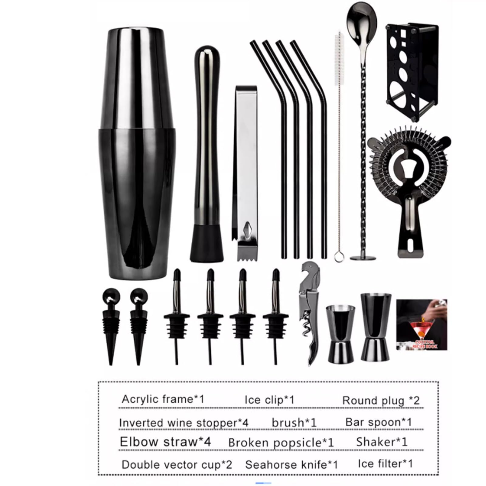 Cocktail Shaker Cocktail Bartending Set Bar Shaker Shaker 20 Pezzi Set di Misurini for Bevande in Acciaio Inossidabile Shaker per Bevande Miste (Color : Nero, Size : A)