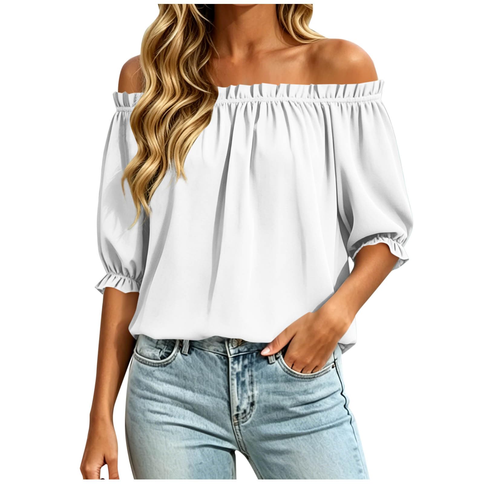 Women's Off The Shoulder Puff Sleeve Ruffle Trim Blouses | Off Shoulder, Long Sleeve Blouse, Ruffle Detail, Flowy Chiffon, Puff Sleeve, Dressy Casual, Fashion, Feminine Women's Shirt