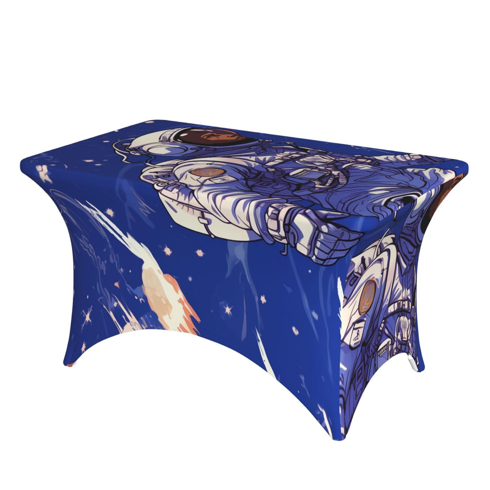 LKTPSKQRY 4ft Spandex Table Cloth For Rectangle Tables, Wrinkle Resistant Stretch Tablecloths Protector Black Astronaut On Blue Washable Patio Table Cover For Wedding, Party, Banquet, Picnic