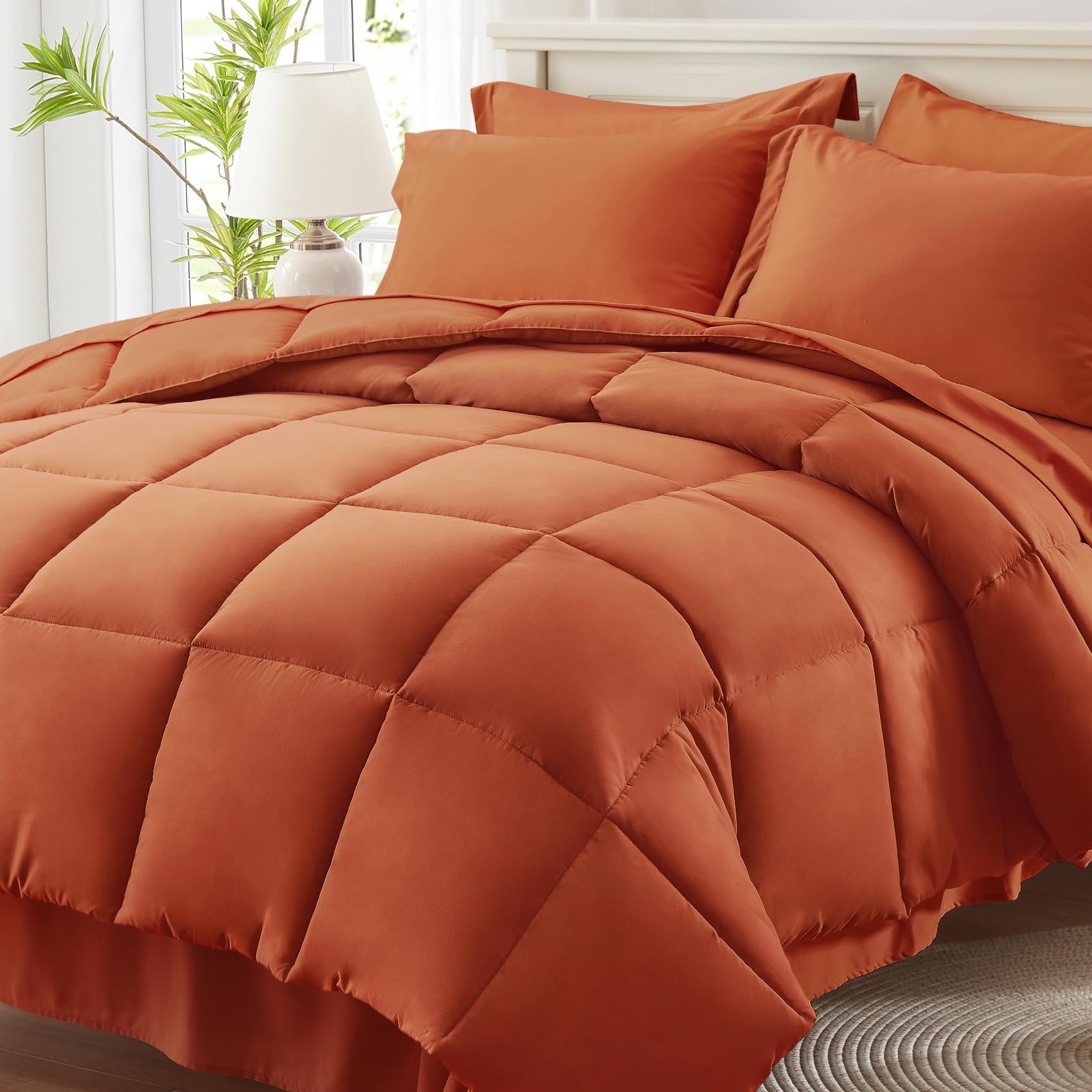 Anluoer Full Size Bed in a Bag 7 Pieces, Burnt Orange Bed Comforter Set with Sheets, All Season Bedding Sets with 1 Comforter,2 Pillow Shams,2