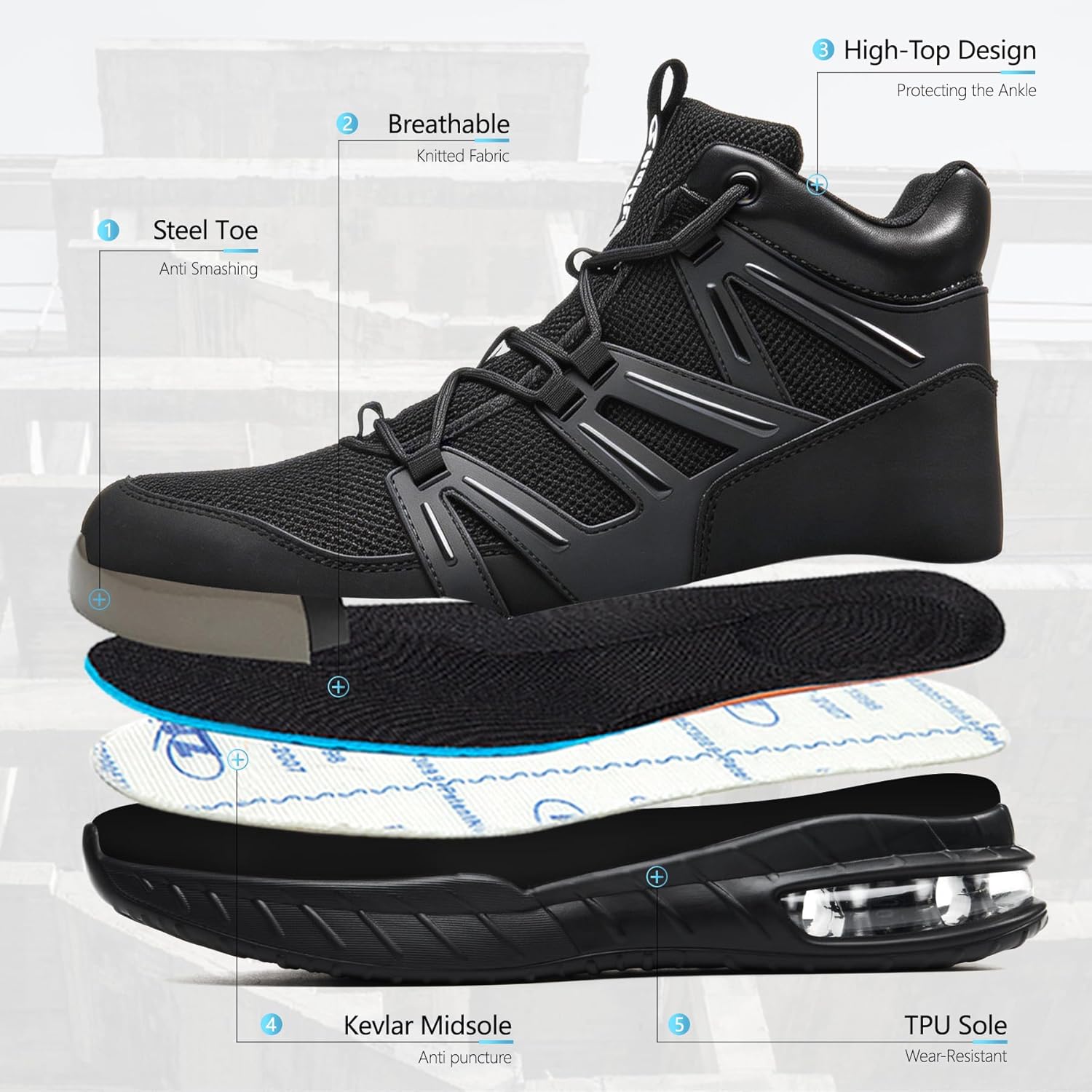 Hogent Steel Toe Shoes for Men Women Lightweight Safety Shoes with Puncture Proof Kevlar Midsole Comfortable Work Shoes Women Air Cushion Indestructible Construction Utility Walking Sneaker