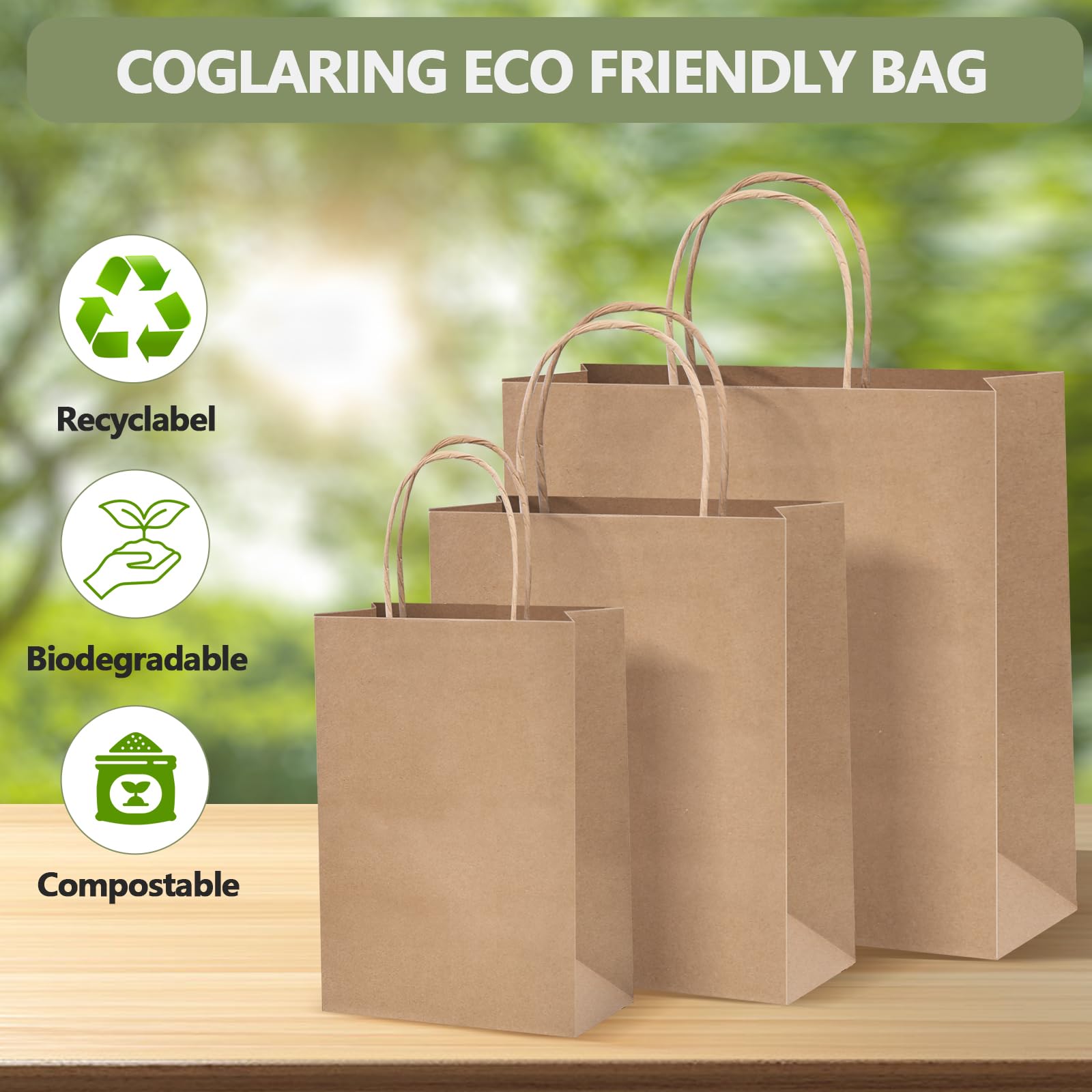 COGLARING 130 bolsas de papel marrón con asas, bolsas de regalo Kraft de varios tamaños a granel para pequeñas empresas, bolsas de compras, bolsas de venta al por menor, bolsas de fiesta, bolsas de