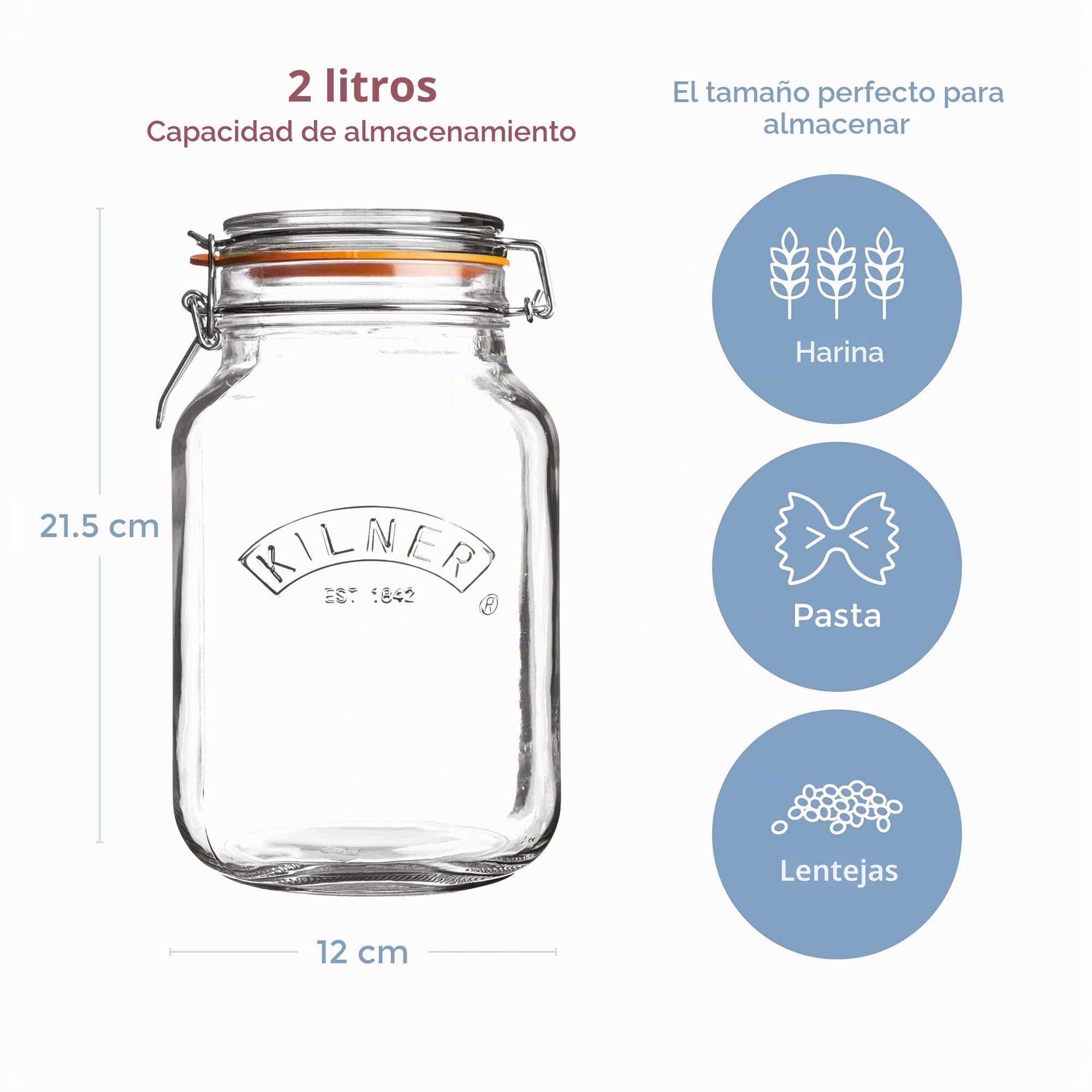 Kilner 0025.513 - Tarro para conservas, mermeladas, base cuadrada y tapa de clip, capacidad: 2 litros