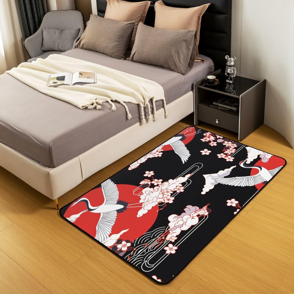 Erosebridal Crane Area Rug 5x7 Japanese Style Decorative Rug Cherry Blossoms Pattern Adult Women Girls Carpet Japanese Traditional Pattern Decor Indoor Floor Mat for Bedroom Living Room Bedside